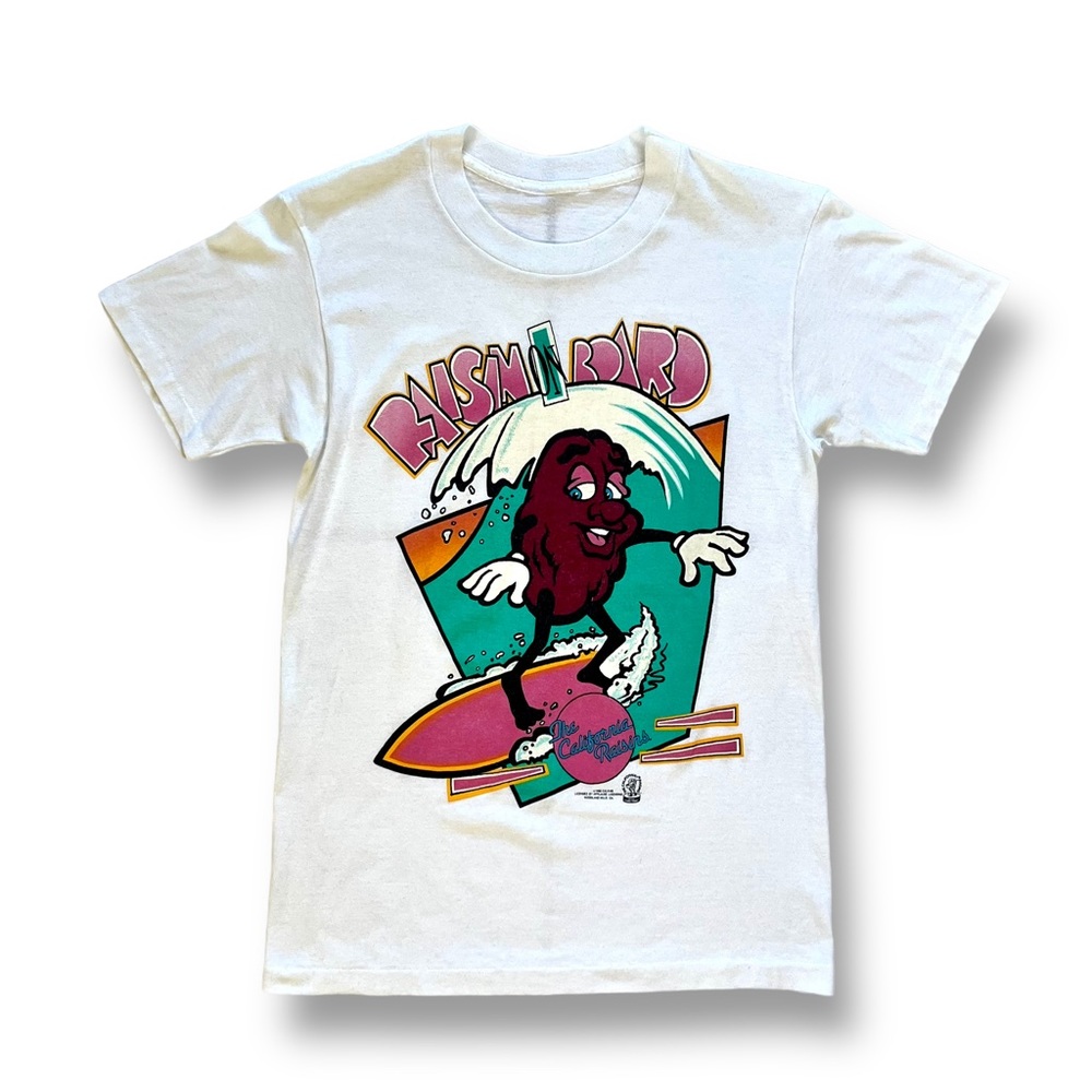 Vtg CALIFORNIA RAISINS T-Shirt RAISINS ON BOARD Surf Tee 1986 Single Stitch S